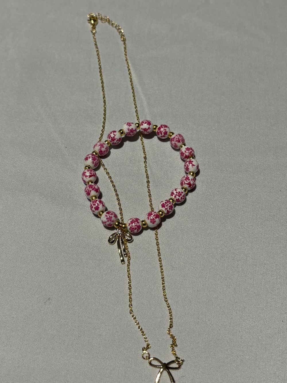 Gold-Tone Necklace with Pink Floral Beads